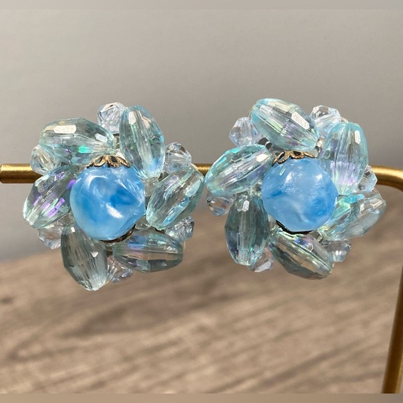 West Germany Jewelry - VINTAGE⚜️WEST GERMANY Light Blue Beaded Silver Tone  Cluster Clip On Earrings